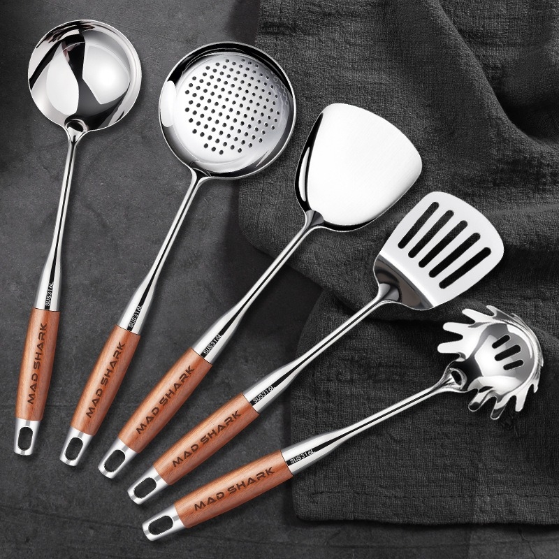 Set spatulă și lingură cu mâner din lemn de trandafir, din oțel inoxidabil, cu lingură cu sita și suport pentru ustensile de bucătărie