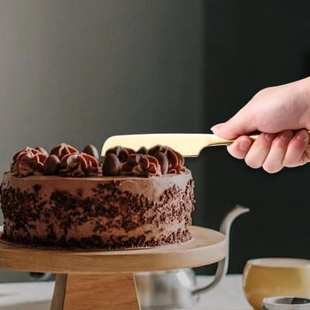 Set din oțel inoxidabil: cuțit și spatulă pentru tort cu mâner lung; include cuțit pentru tort, spatulă pentru tort, spatulă pentru pizza, cuțit pentru pâine și furculiță pentru fructe