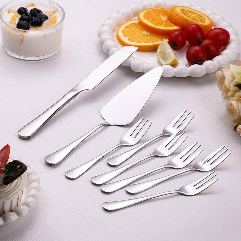 Set din oțel inoxidabil: cuțit și spatulă pentru tort cu mâner lung; include cuțit pentru tort, spatulă pentru tort, spatulă pentru pizza, cuțit pentru pâine și furculiță pentru fructe