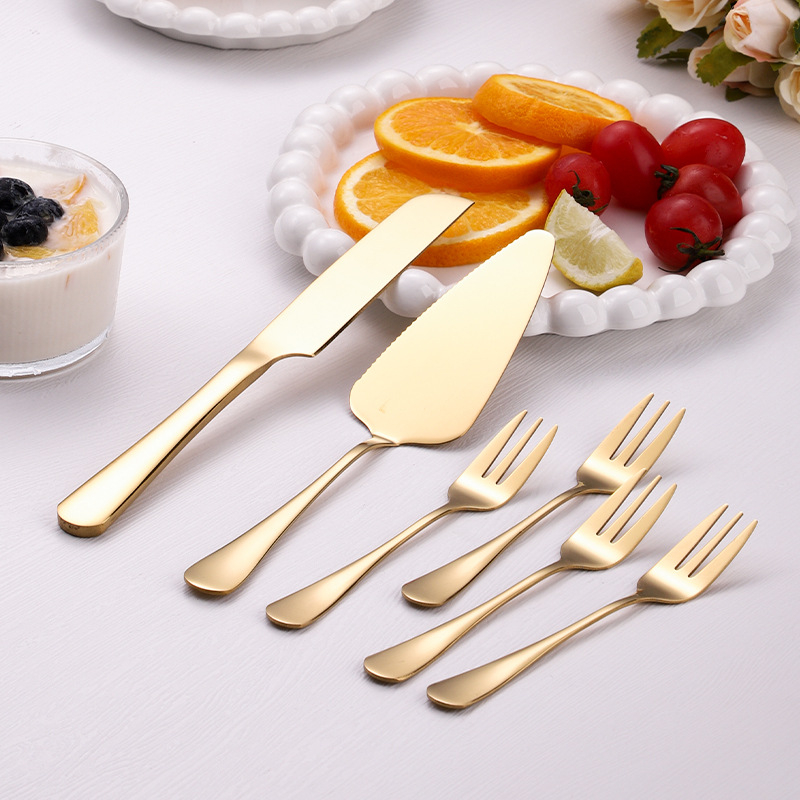 Set din oțel inoxidabil: cuțit și spatulă pentru tort cu mâner lung; include cuțit pentru tort, spatulă pentru tort, spatulă pentru pizza, cuțit pentru pâine și furculiță pentru fructe