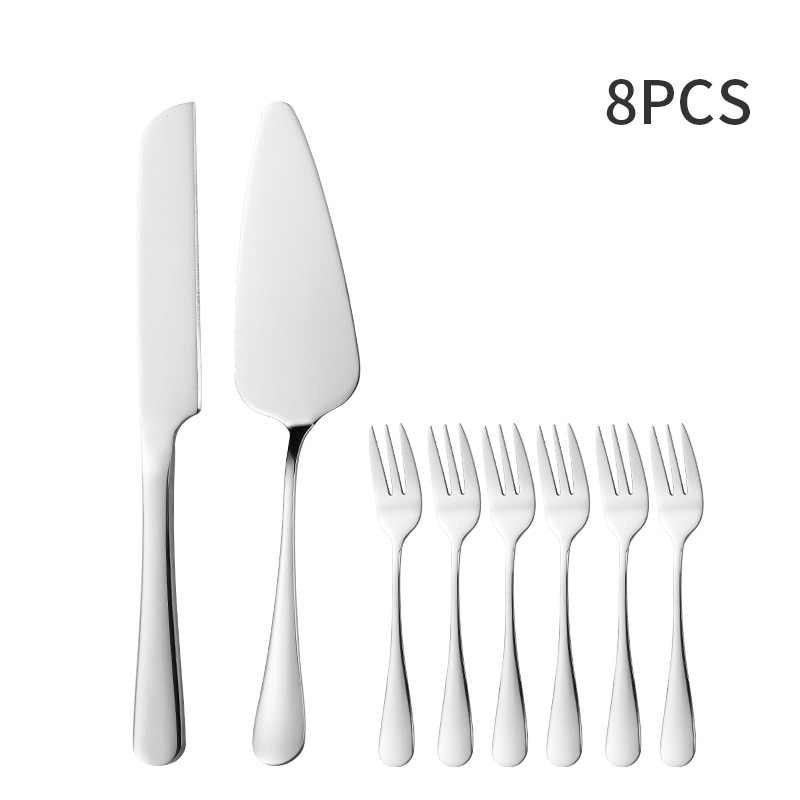 Set din oțel inoxidabil: cuțit și spatulă pentru tort cu mâner lung; include cuțit pentru tort, spatulă pentru tort, spatulă pentru pizza, cuțit pentru pâine și furculiță pentru fructe
