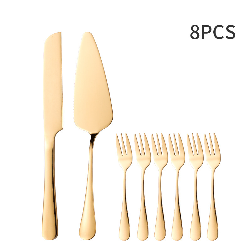 Set din oțel inoxidabil: cuțit și spatulă pentru tort cu mâner lung; include cuțit pentru tort, spatulă pentru tort, spatulă pentru pizza, cuțit pentru pâine și furculiță pentru fructe