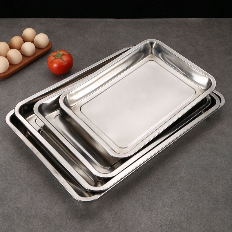 Rozsdamentes acél négyszögletes tálca grill halhoz, párolt rizshez és barbecue-hoz – tálaló és bemutató tál, méret 27–28 cm