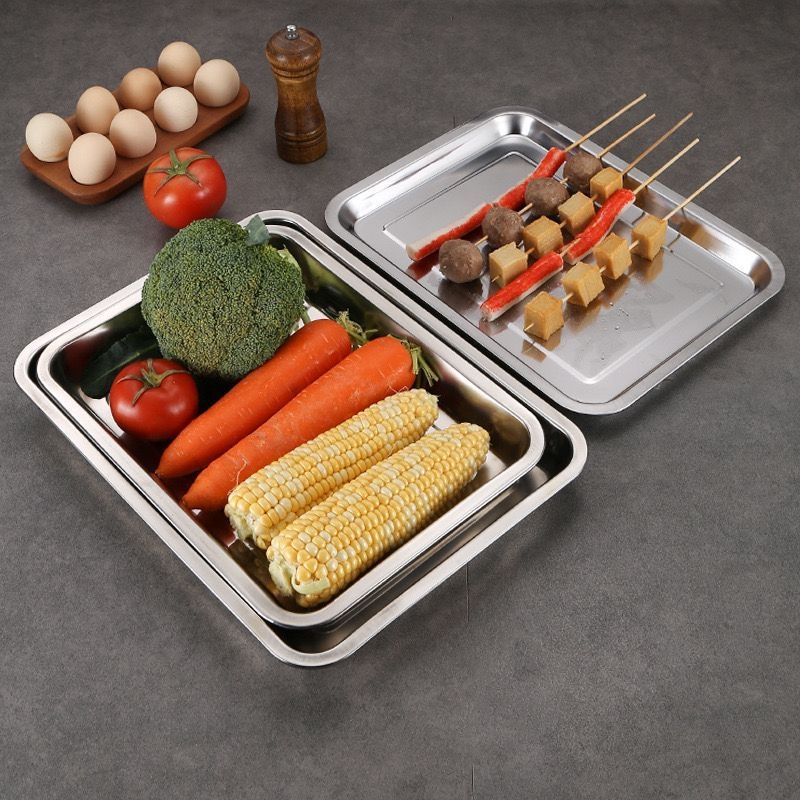 Rozsdamentes acél négyszögletes tálca grill halhoz, párolt rizshez és barbecue-hoz – tálaló és bemutató tál, méret 27–28 cm