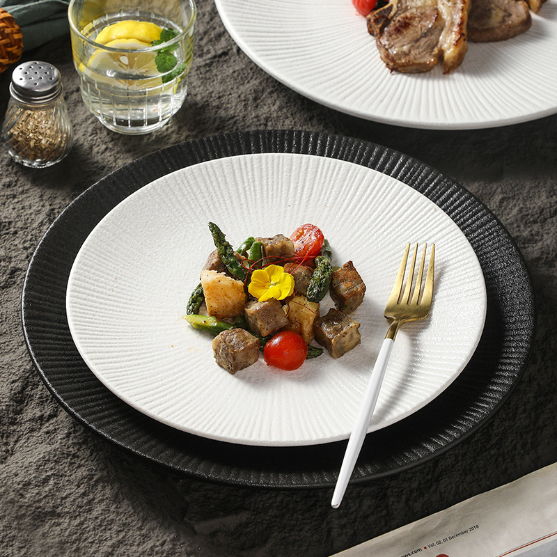 Farfurie de cină din porțelan cu model pietros, farfurie plată rotundă pentru paste, utilizare casnică, design minimalist modern, culoare solidă, compatibil cu microunde, diametrul 18–18,9 cm, farfurie pentru friptură