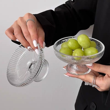 Tavă elegantă pentru fructe cu picior înalt din sticlă glaciară, farfurie pentru desert și gustări pentru uz casnic