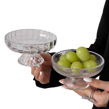 Tavă elegantă pentru fructe cu picior înalt din sticlă glaciară, farfurie pentru desert și gustări pentru uz casnic