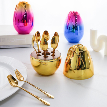 Set de 6 tacâmuri din oțel inoxidabil, cu design roz — linguri de desert, lingurițe pentru cafea și furculițe
