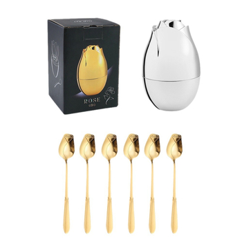 Set de 6 tacâmuri din oțel inoxidabil, cu design roz — linguri de desert, lingurițe pentru cafea și furculițe