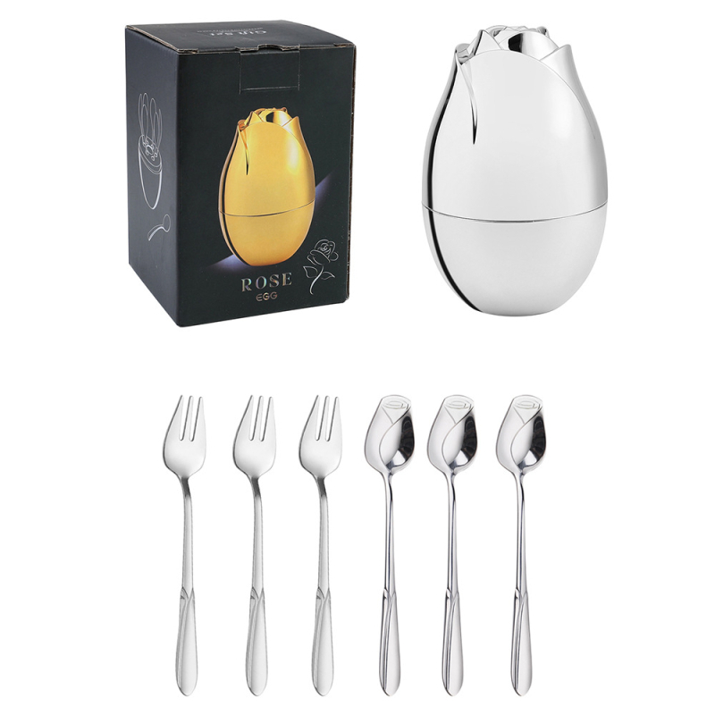Set de 6 tacâmuri din oțel inoxidabil, cu design roz — linguri de desert, lingurițe pentru cafea și furculițe