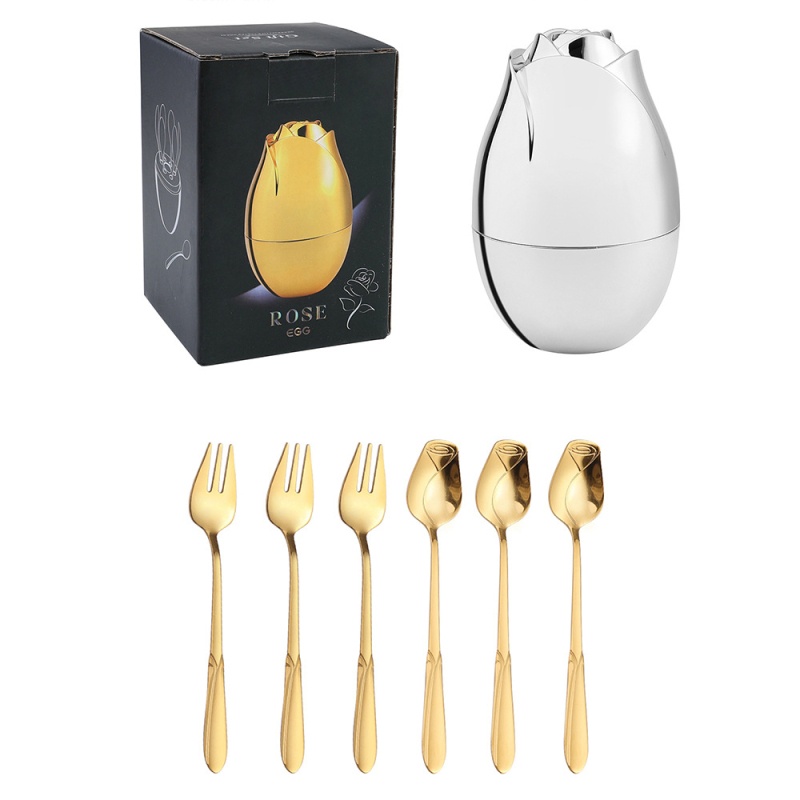 Set de 6 tacâmuri din oțel inoxidabil, cu design roz — linguri de desert, lingurițe pentru cafea și furculițe