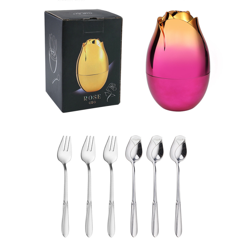 Set de 6 tacâmuri din oțel inoxidabil, cu design roz — linguri de desert, lingurițe pentru cafea și furculițe