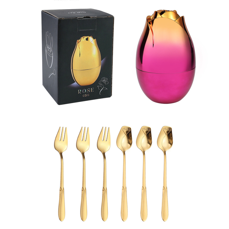 Set de 6 tacâmuri din oțel inoxidabil, cu design roz — linguri de desert, lingurițe pentru cafea și furculițe
