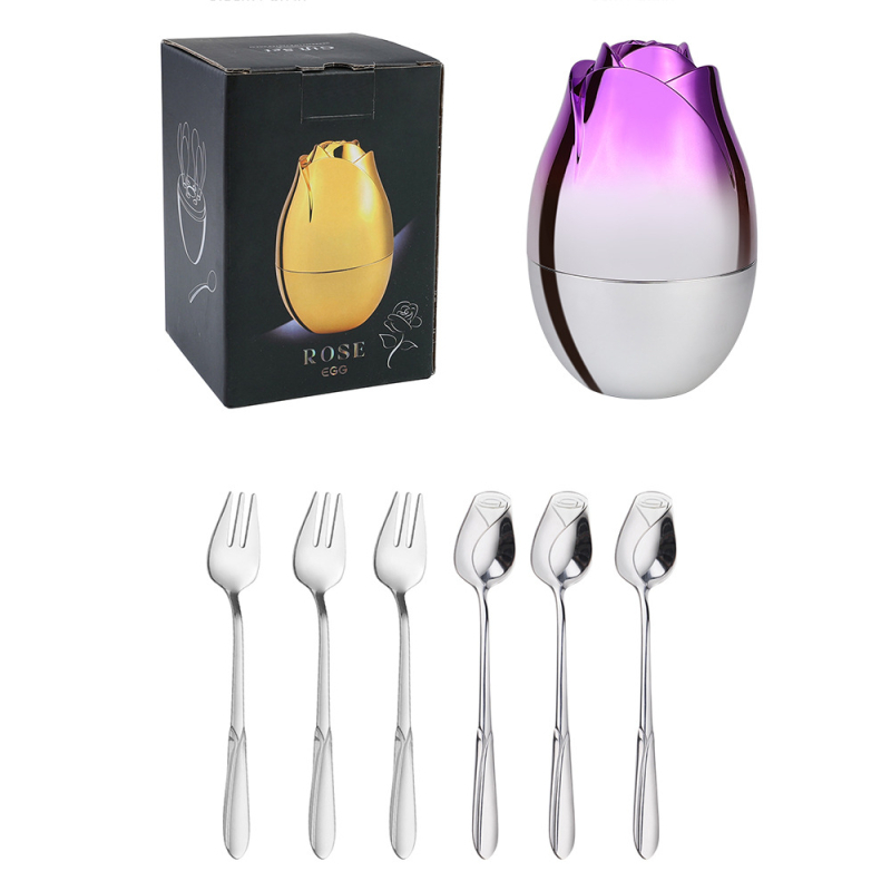 Set de 6 tacâmuri din oțel inoxidabil, cu design roz — linguri de desert, lingurițe pentru cafea și furculițe