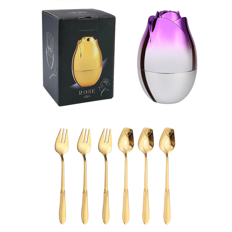 Set de 6 tacâmuri din oțel inoxidabil, cu design roz — linguri de desert, lingurițe pentru cafea și furculițe