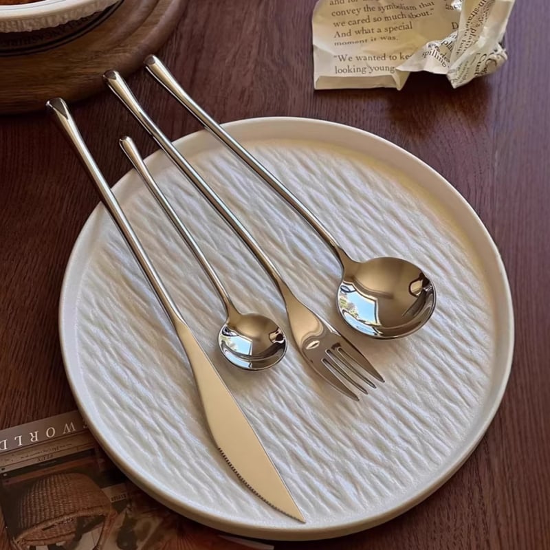 Set de tacâmuri din oțel inoxidabil 304, mâner lung, design elegant: lingură, cuțit, furculiță, furculiță de desert, furculiță pentru paste și cuțit pentru friptură