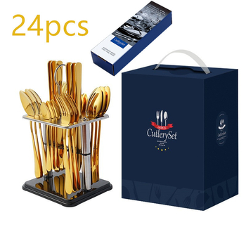 Set de 24 tacâmuri din oțel inoxidabil pentru masă în stil occidental, incluzând cuțit, furculiță și lingură, plus accesorii de servire: lingură de servire, furculiță de servire, cuțit de servire și linguriță; ideal ca dar de bun venit în casă