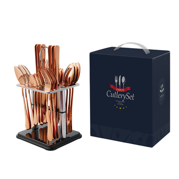 Set de 24 tacâmuri din oțel inoxidabil pentru masă în stil occidental, incluzând cuțit, furculiță și lingură, plus accesorii de servire: lingură de servire, furculiță de servire, cuțit de servire și linguriță; ideal ca dar de bun venit în casă