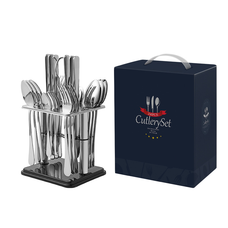 Set de 24 tacâmuri din oțel inoxidabil pentru masă în stil occidental, incluzând cuțit, furculiță și lingură, plus accesorii de servire: lingură de servire, furculiță de servire, cuțit de servire și linguriță; ideal ca dar de bun venit în casă