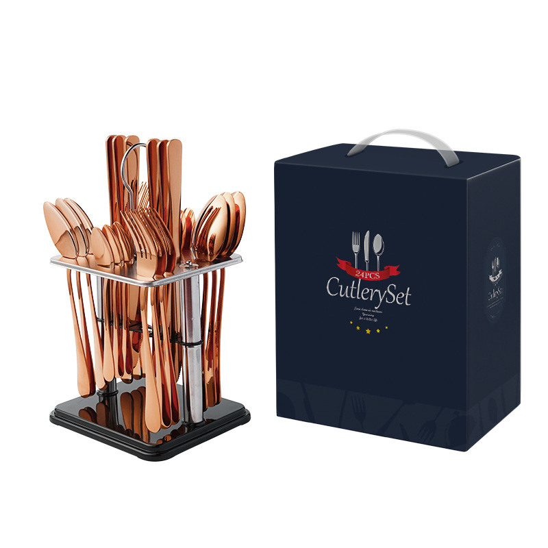 Set de 24 tacâmuri din oțel inoxidabil pentru masă în stil occidental, incluzând cuțit, furculiță și lingură, plus accesorii de servire: lingură de servire, furculiță de servire, cuțit de servire și linguriță; ideal ca dar de bun venit în casă