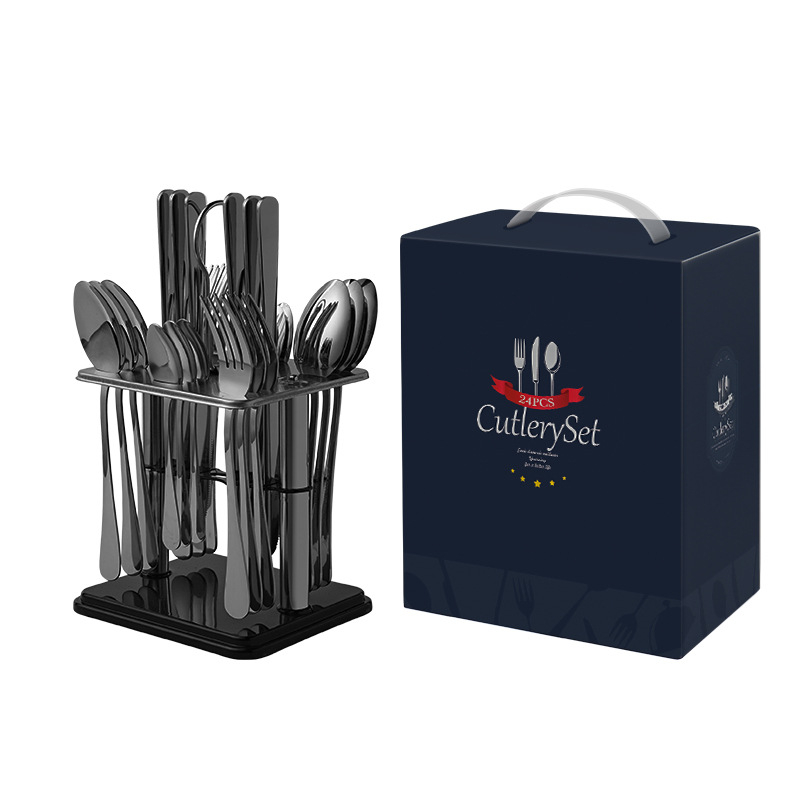 Set de 24 tacâmuri din oțel inoxidabil pentru masă în stil occidental, incluzând cuțit, furculiță și lingură, plus accesorii de servire: lingură de servire, furculiță de servire, cuțit de servire și linguriță; ideal ca dar de bun venit în casă