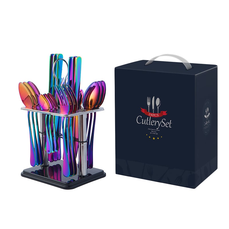 Set de 24 tacâmuri din oțel inoxidabil pentru masă în stil occidental, incluzând cuțit, furculiță și lingură, plus accesorii de servire: lingură de servire, furculiță de servire, cuțit de servire și linguriță; ideal ca dar de bun venit în casă