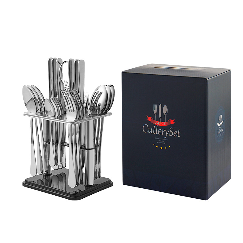 Set de 24 tacâmuri din oțel inoxidabil pentru masă în stil occidental, incluzând cuțit, furculiță și lingură, plus accesorii de servire: lingură de servire, furculiță de servire, cuțit de servire și linguriță; ideal ca dar de bun venit în casă