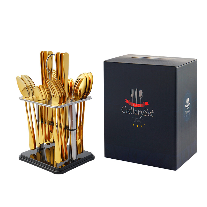 Set de 24 tacâmuri din oțel inoxidabil pentru masă în stil occidental, incluzând cuțit, furculiță și lingură, plus accesorii de servire: lingură de servire, furculiță de servire, cuțit de servire și linguriță; ideal ca dar de bun venit în casă