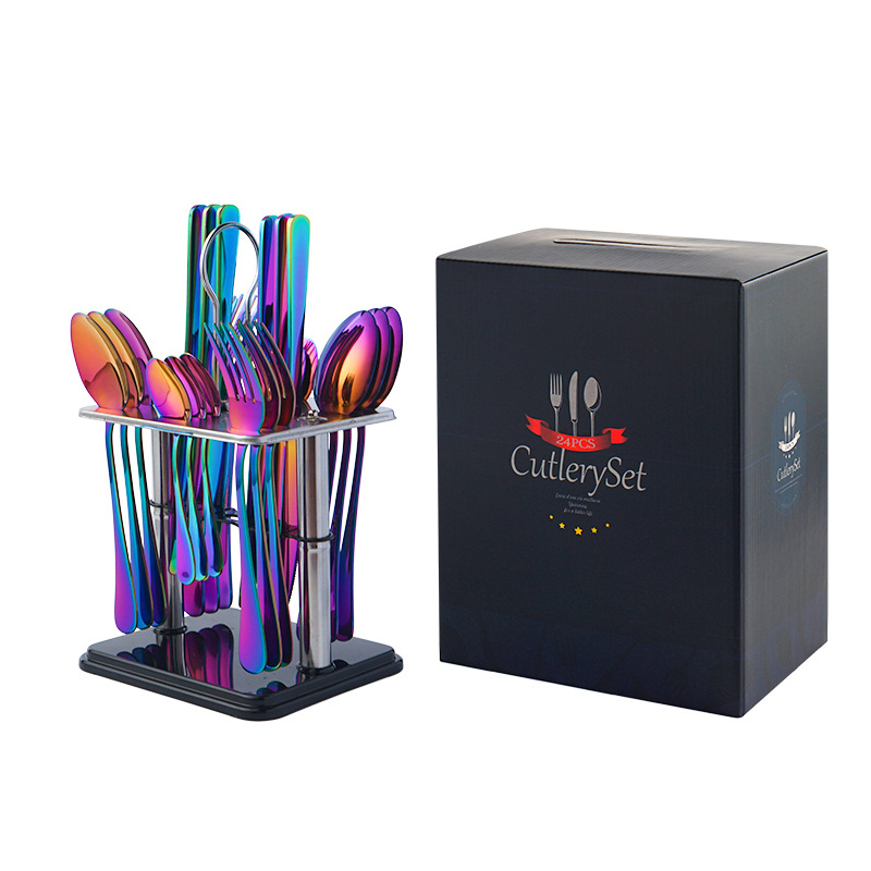 Set de 24 tacâmuri din oțel inoxidabil pentru masă în stil occidental, incluzând cuțit, furculiță și lingură, plus accesorii de servire: lingură de servire, furculiță de servire, cuțit de servire și linguriță; ideal ca dar de bun venit în casă