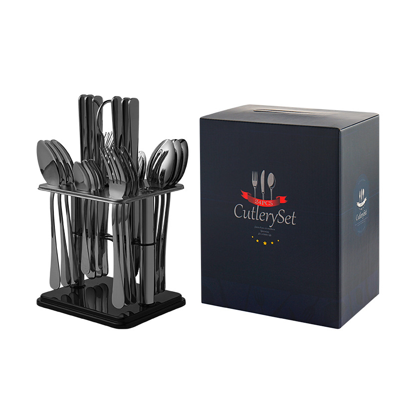 Set de 24 tacâmuri din oțel inoxidabil pentru masă în stil occidental, incluzând cuțit, furculiță și lingură, plus accesorii de servire: lingură de servire, furculiță de servire, cuțit de servire și linguriță; ideal ca dar de bun venit în casă