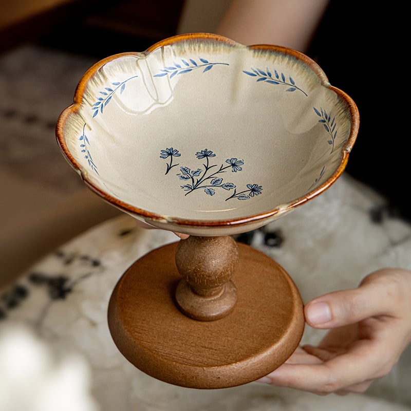 Platou pentru fructe pe suport din lemn înalt, farfurie din porțelan pentru patiserie, tavă pentru gustări, piesă decorativă pentru hol