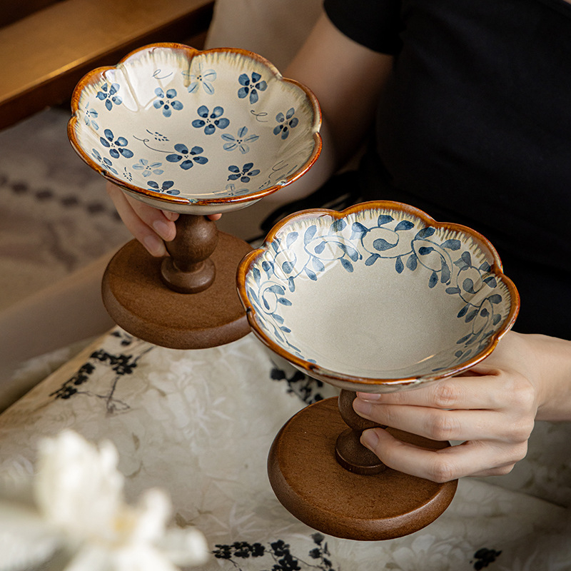 Platou pentru fructe pe suport din lemn înalt, farfurie din porțelan pentru patiserie, tavă pentru gustări, piesă decorativă pentru hol