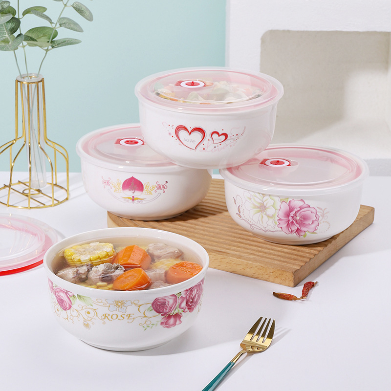 Porcelanska zdjela za čuvanje hrane, zdjela za rezance, mikrovalna kutija za ručak s poklopcem, zatvoreni spremnik za voće, velika 800–1000 ml