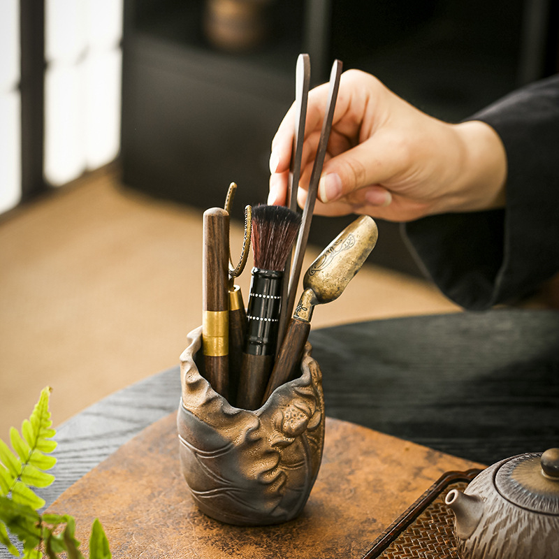 Set ceremonial de ceai Six Gentlemen, cu glazură ruginită, accesorii Zen Kung Fu pentru ceai, incluzând unelte de ceai, suport pentru pix și clips pentru ceai