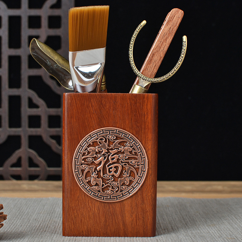Set ceremonie ceai Six Gentlemen din lemn de abanos și lemn solid Huali, accesorii Kung Fu pentru uz casnic, include perie de ceai, cuțit de ceai și clip pentru ceai, decor de masă.