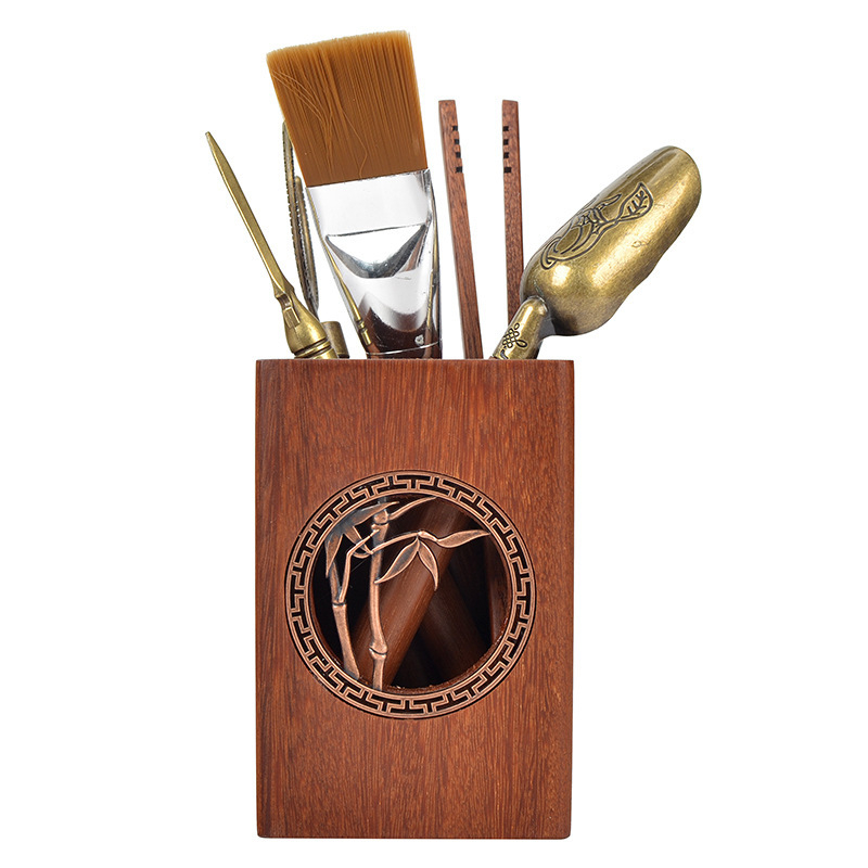 Set ceremonie ceai Six Gentlemen din lemn de abanos și lemn solid Huali, accesorii Kung Fu pentru uz casnic, include perie de ceai, cuțit de ceai și clip pentru ceai, decor de masă.