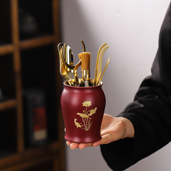 Set premium pentru ceremonia ceaiului Six Gentlemen, cu instrumente de ceai din alamă și accesorii Kung Fu ceai