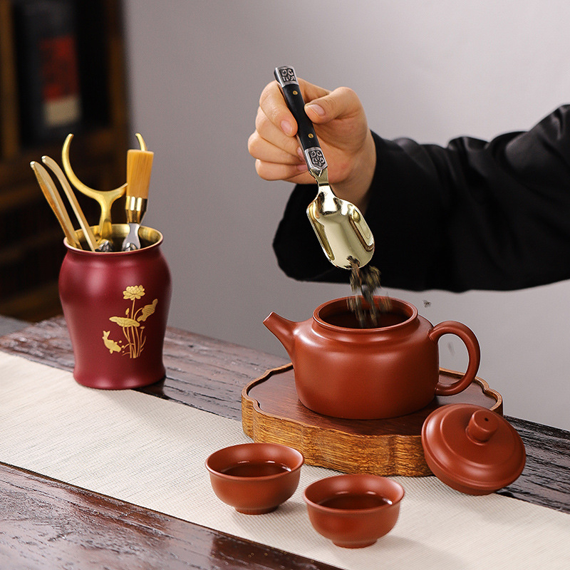 Set premium pentru ceremonia ceaiului Six Gentlemen, cu instrumente de ceai din alamă și accesorii Kung Fu ceai