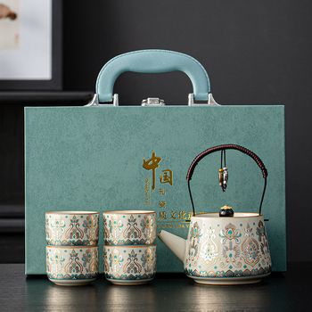 Set de ceai Gaiwan Ru kiln pentru patru cești, cu inserții din aur și argint, cutie cadou cu siglă personalizată