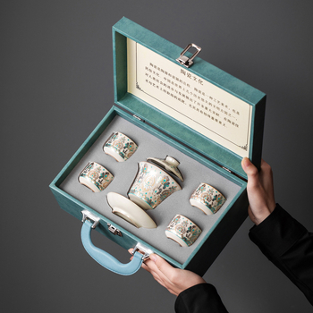 Set de ceai Gaiwan Ru kiln pentru patru cești, cu inserții din aur și argint, cutie cadou cu siglă personalizată