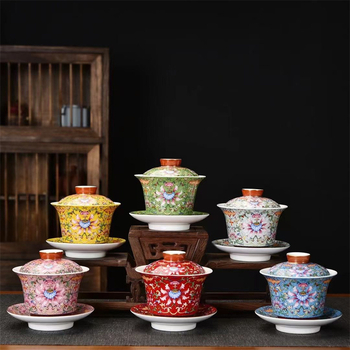 Ceașcă de ceai ceramică cu capac, glazură emailată, vas de ceai cu trei părți, stil chinezesc