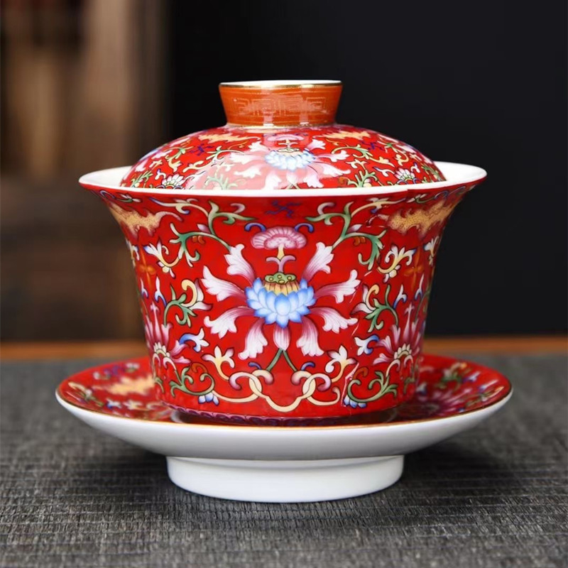 Ceașcă de ceai ceramică cu capac, glazură emailată, vas de ceai cu trei părți, stil chinezesc