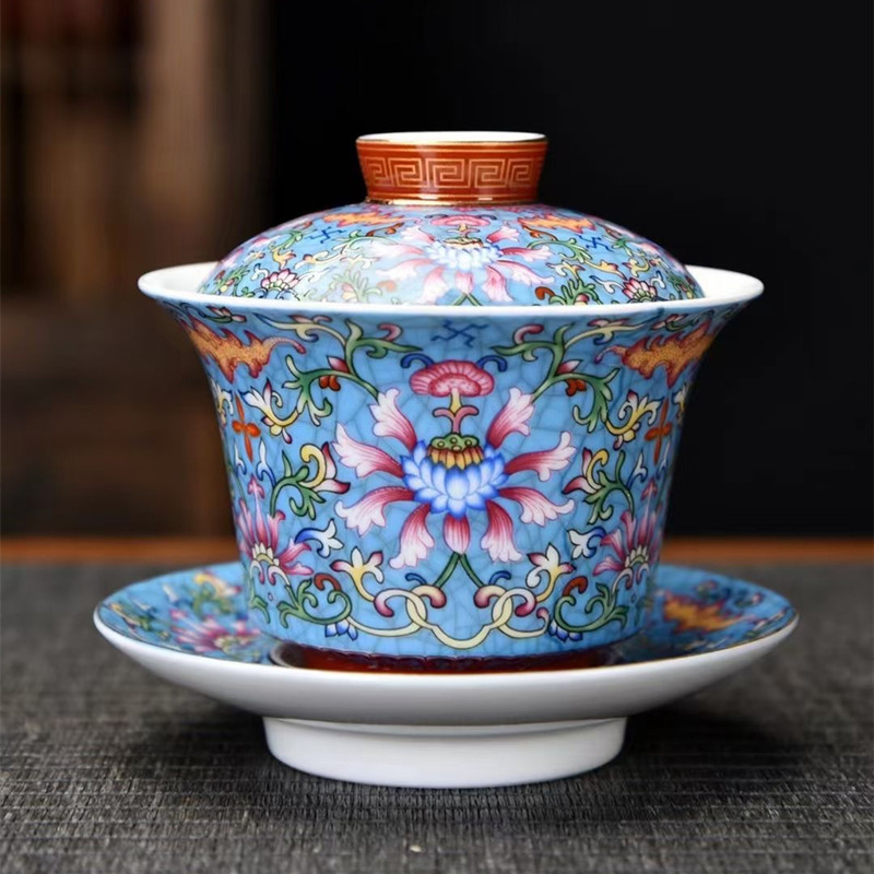 Ceașcă de ceai ceramică cu capac, glazură emailată, vas de ceai cu trei părți, stil chinezesc