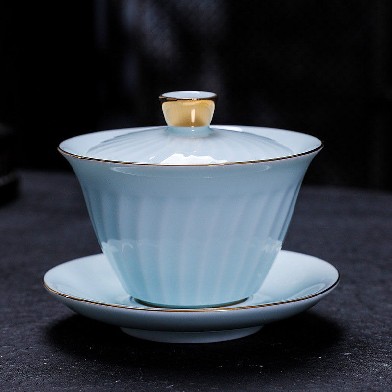 Set ceai Shadow Celadon Kung Fu, gaiwan ceramic cu capac și mâner, oală de ceai și ceainic, cu logo imprimat, personalizabil, cadou pentru casă și birou