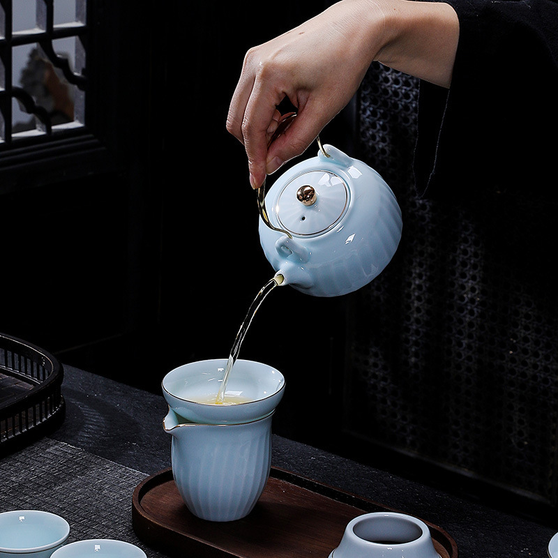 Set ceai Shadow Celadon Kung Fu, gaiwan ceramic cu capac și mâner, oală de ceai și ceainic, cu logo imprimat, personalizabil, cadou pentru casă și birou