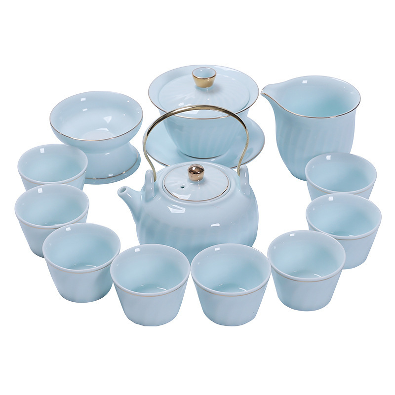 Set ceai Shadow Celadon Kung Fu, gaiwan ceramic cu capac și mâner, oală de ceai și ceainic, cu logo imprimat, personalizabil, cadou pentru casă și birou