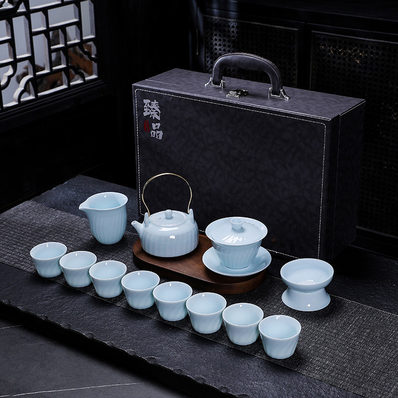 Set ceai Shadow Celadon Kung Fu, gaiwan ceramic cu capac și mâner, oală de ceai și ceainic, cu logo imprimat, personalizabil, cadou pentru casă și birou