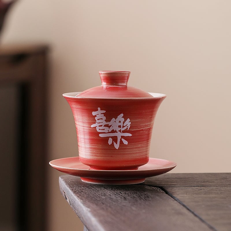 Ceainic Gaiwan cu capac - set Gongfu de ceai, vas pentru o singură infuzie, ceramică roșie vintage pentru nunți