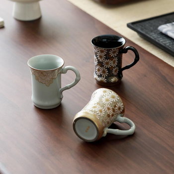 ceașcă de ceai din porțelan Ru, cu încrustații de aur și argint, design mic cu margaretă, cu mâner, pentru birou sau living