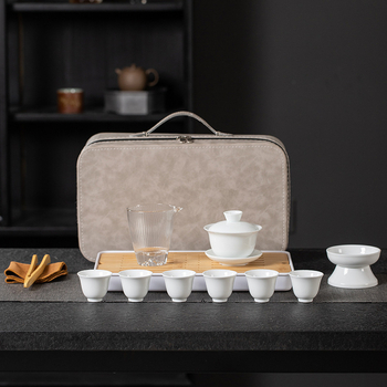 Set de ceai minimalist pentru călătorii, porțelan alb, cu bol cu capac